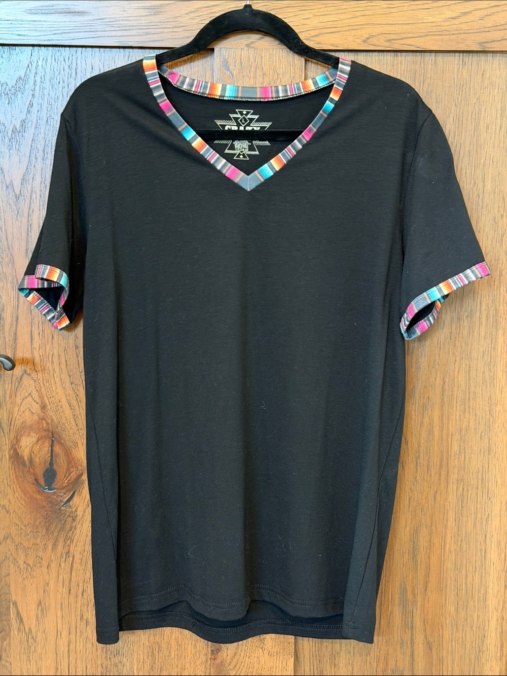 Crazy Train Black Short Sleeve Tee with Multicolor Stripe Trim